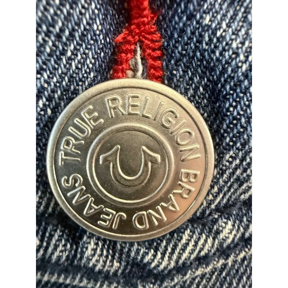 True Religion Mens Denim Trucker Jacket Blue Red Horseshoe Logo World Tour siz M
